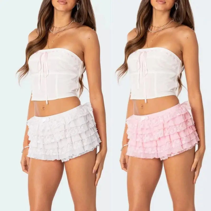 

Fashion Women Sweet Summer Lace Ruffles Tiered Shorts Bow Decor Low Rise Layered Skorts Casual Streetwear Y2K Lolita Shorts