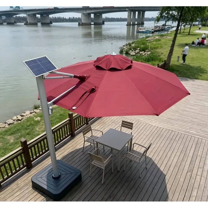 Round Roman Cantilever Parasol Solar Powered Led Outdoor Umbrella for Hotel Villa Exterior Space