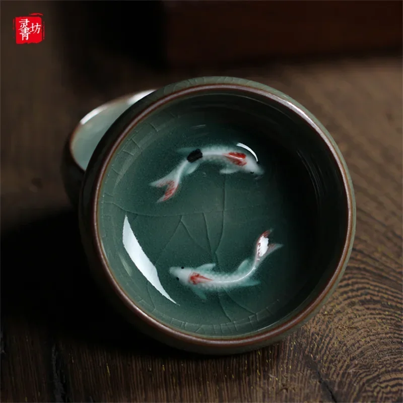 Chinese Porcelain Teacups Longquan Celadon Teapot Golden Fish Tea Cup Bowl 60ml Crackle Tea Set Cups Drop Shipping