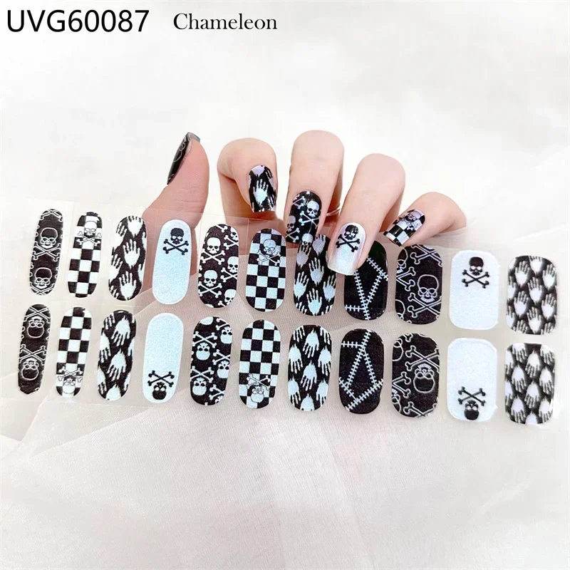 Halloween Skull Pumpkin Semi Cured Gel Nail Polish Strips Full UV/LED Lamp Wraps Fingertip Ashesive Girl Beauty Nails Sticker