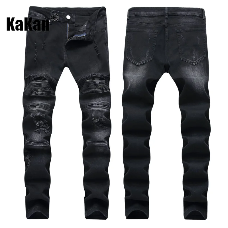 Kakan - European and American New Black Pleated Motorcycle Jeans for Men, Small Straight Fit Men's Worn Long Jeans K21-1209