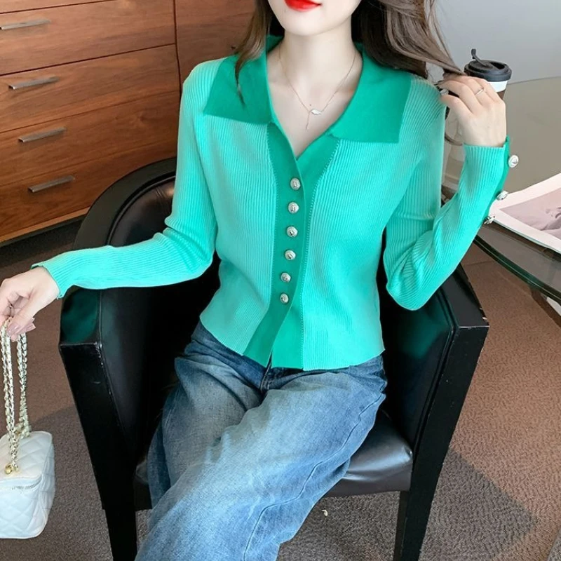 

Корейский вязаный свитер с контрастным воротником-поло, облегающий, для ранней осени, универсальный кардиган с открытым передом