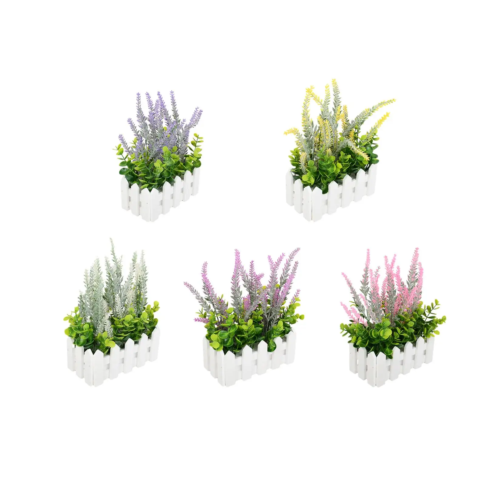 Artificial Flower Plant Potted in Picket Fence Desk Ornament Desktop Decoration for Home Decor Outdoor Farmhouse Bathroom Indoor