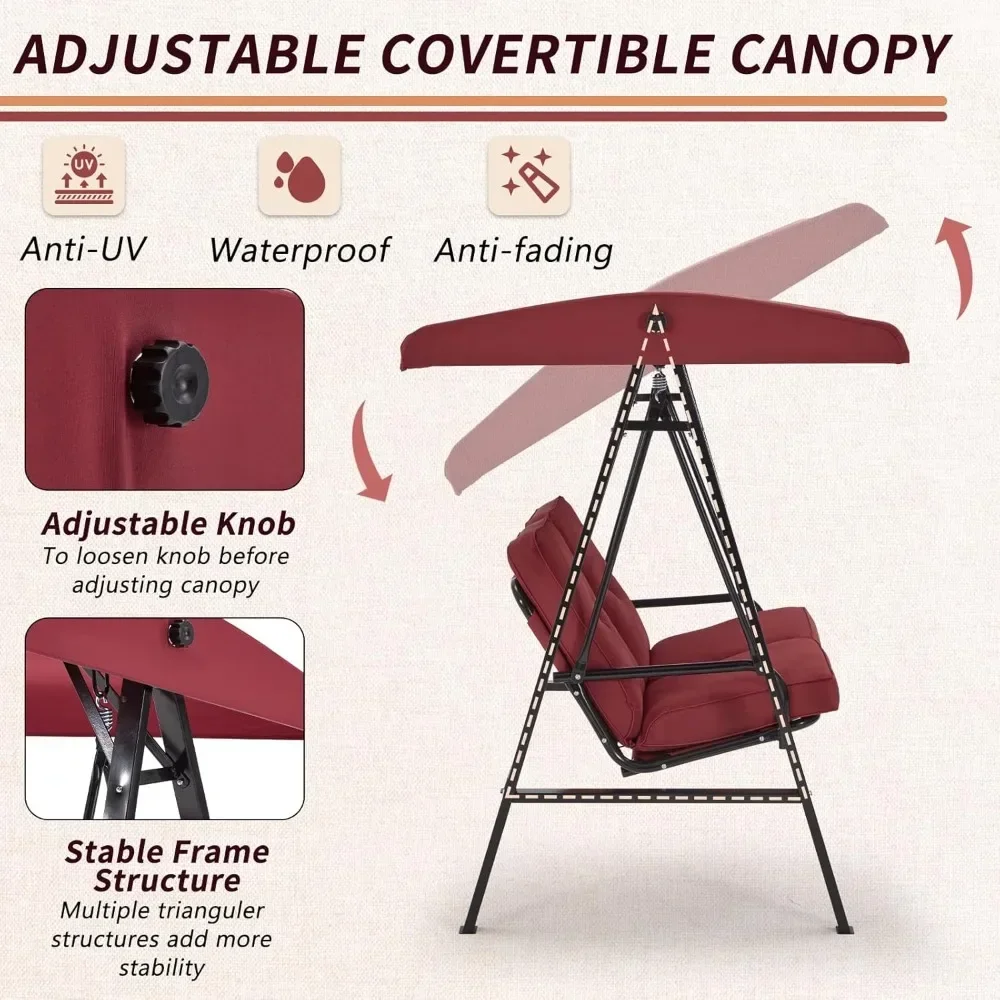 Outdoor Patio Swing Chair for Adults, 2-Seat Porch Swings with Adjustable Canopy, Outside Swing Bench with Removable Cushion