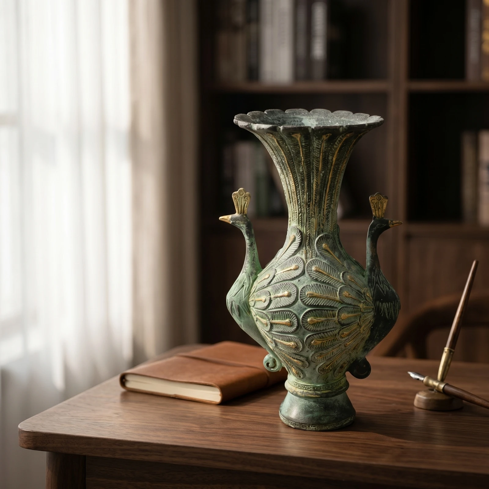 Phoenix Handle Vase Distressed Scalloped Mouth Vase Urn Decorative Sculptural for Shelf, Entryway