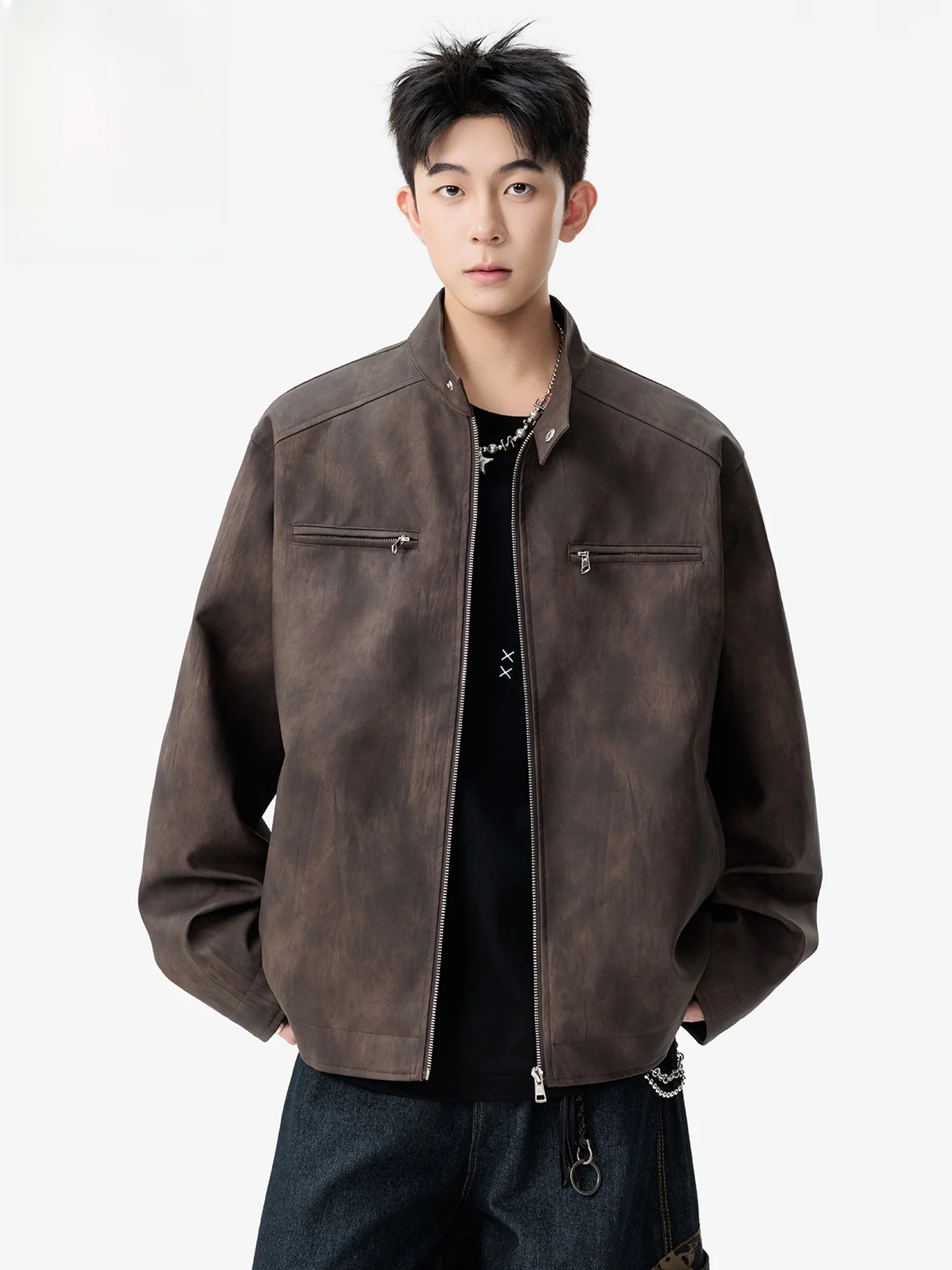 

Wassup Tenet Men's Leather Jaet Loose Casual Retro American Sle Windproof Long Sve Zipper Closure Couple's Outerwear