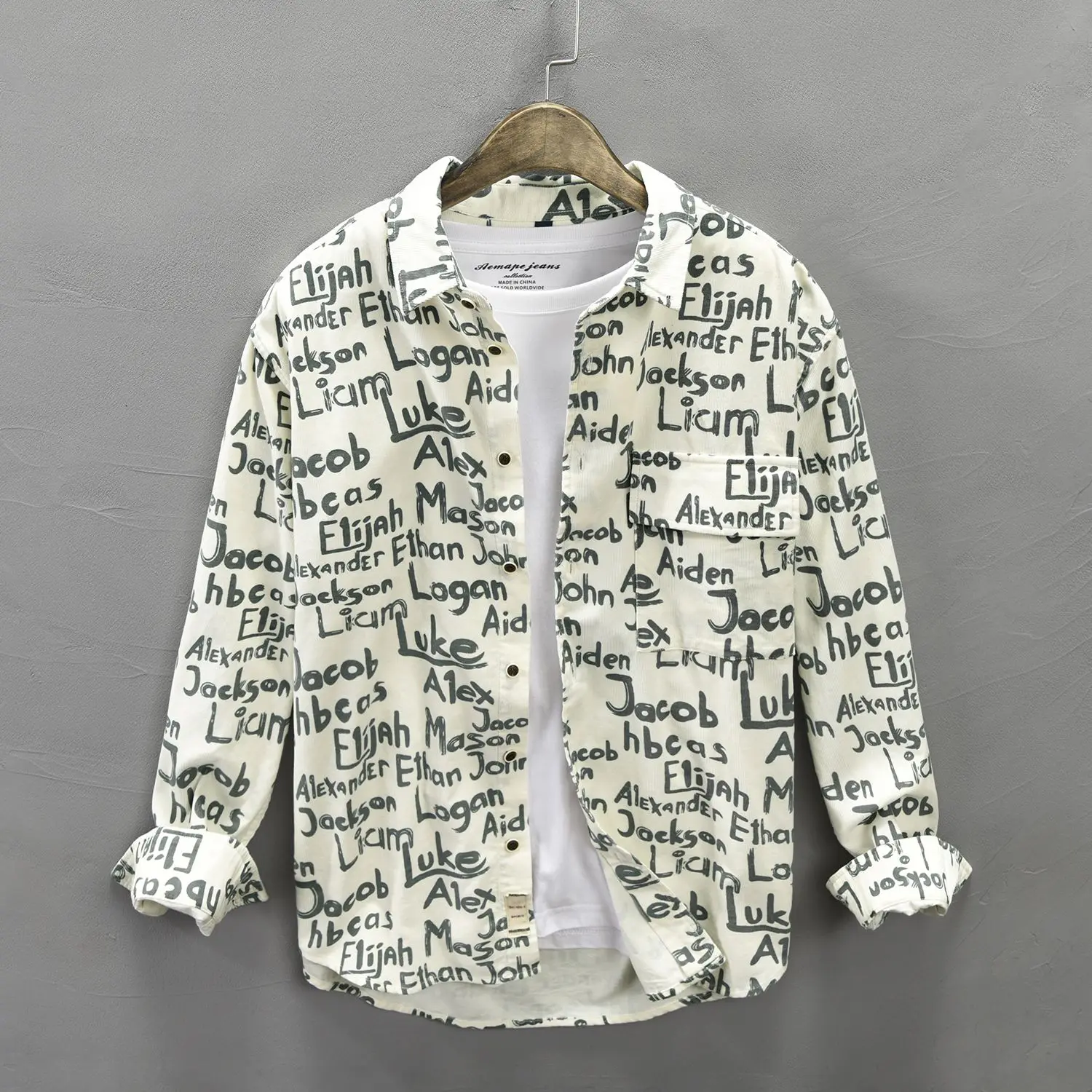 Japanese Retro Letter Printed Long-sleeved Shirt Men Spring and Autumn Fashion Large Size Casual Loose Shirt Jacket Trendy