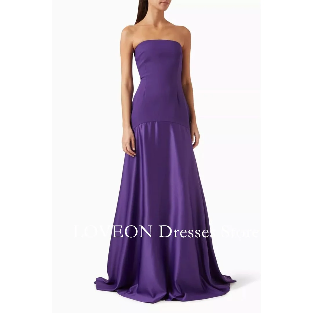 

LOVEON Crepe Satin Arabic Prom Dress Formal Purple Strapless Sleeveless Party Evening Gowns for Women Formal Bridesmaid Dress