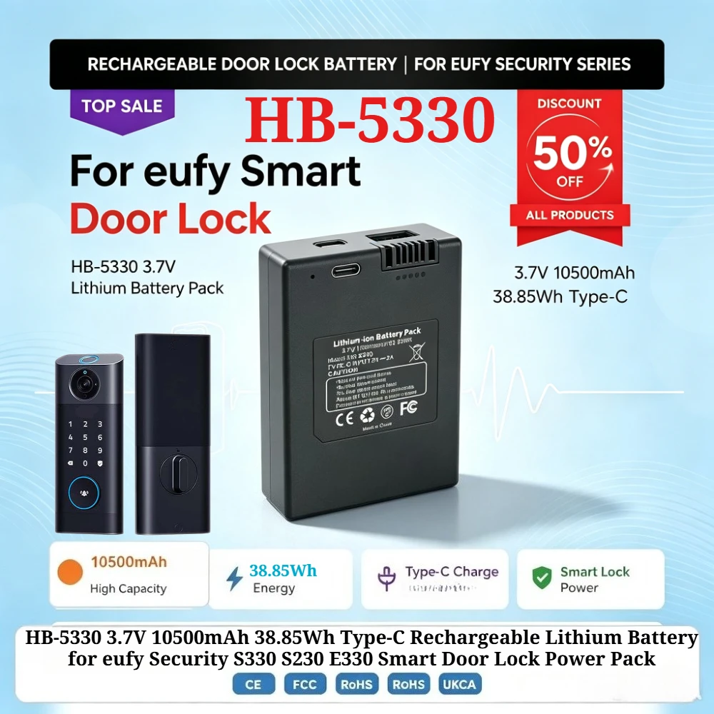 HB-5330 3.7V 10500mAh 38.85Wh Type-C Rechargeable Lithium Battery for eu fy Security S330 S230 E330 Smart Door Lock Power Pack