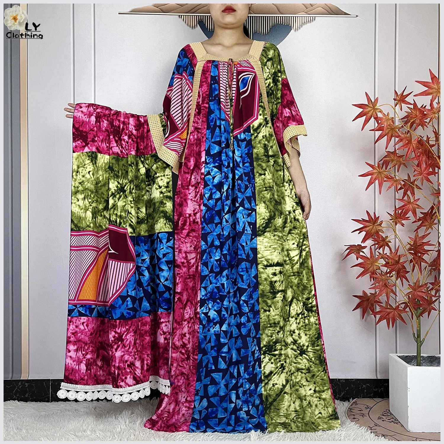 New Summer African Abaya High Quality Cotton Dress With Big Scarf 2024 Fashion Printing Loose Boubou Maxi Islam Women Clothes