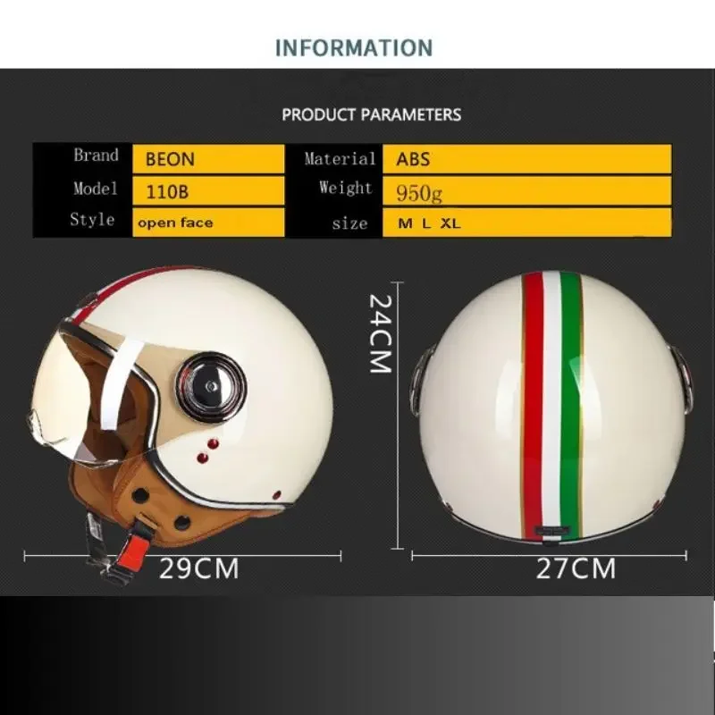 BEON Men Women Motorcycle Helmet Biker 3/4 Open Face Helmet Retro Electric Bike Scooter ABS Shell Moto Helmet M-XL