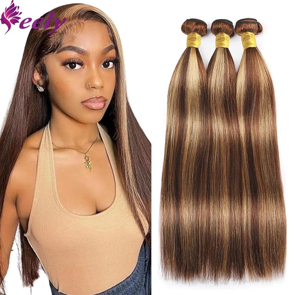 Highlight Human Hair Bundles Straight #P4/27 Color Honey Blonde 1/3 Bundles Human Hair Extensions For Woman Brazilian Straight