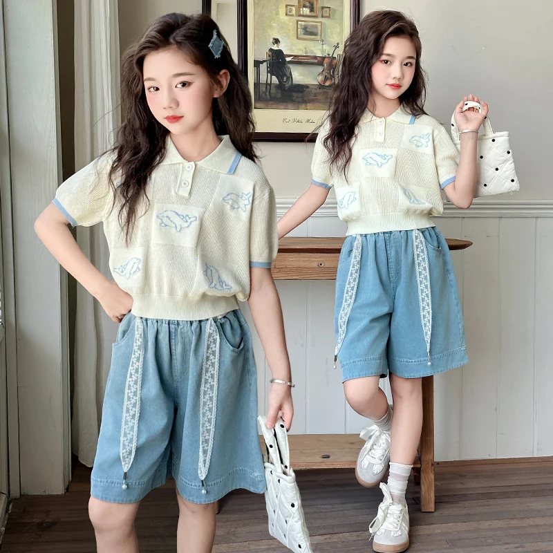 

Комплект летней одежды для девочек, детская футболка с короткими рукавами, рубашка поло + джинсовые шорты, комплект из двух предметов, детский повседневный комплект спортивной одежды