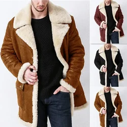 Men Autumn Winter Coat Faux Leather Long Sleeve Solid Color Turndown Collar Button Casual Warm Comfortable Regular Standard Fit