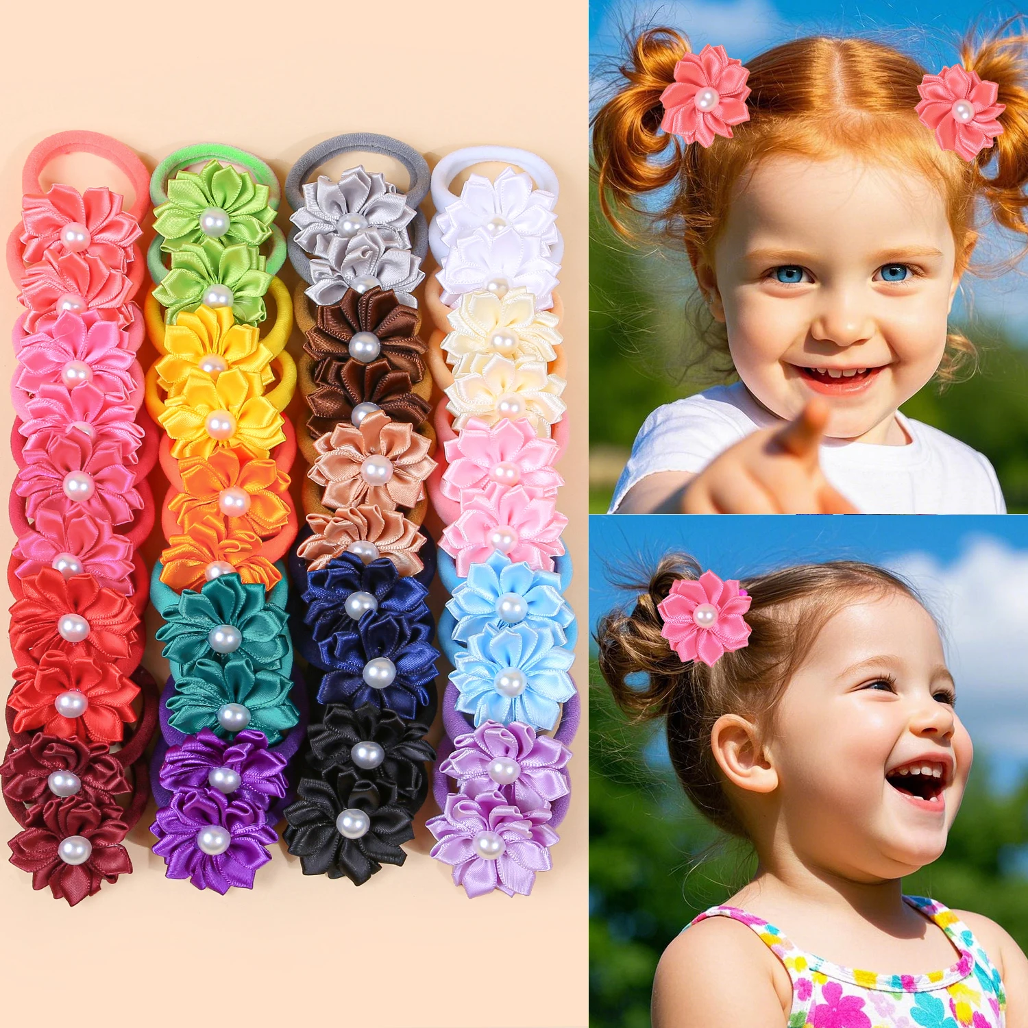

10pcs Crystal Flower Hair Ties Kids Girls Hair Bands Elastic Nylon Headband Floarl Ponytail Holder Hair Accessory for Girls