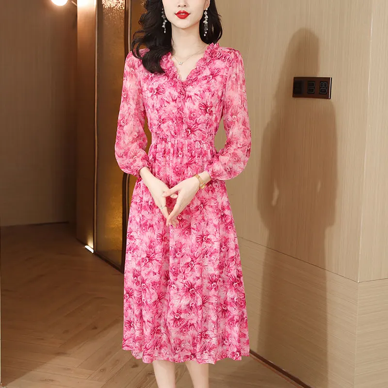 Spring/Summer 2023 New Slim Fit Pink Silk Ruffle Skirt V-Neck Long Sleeve Dress Ladies Chiffon Print Slim Knee Length Dress