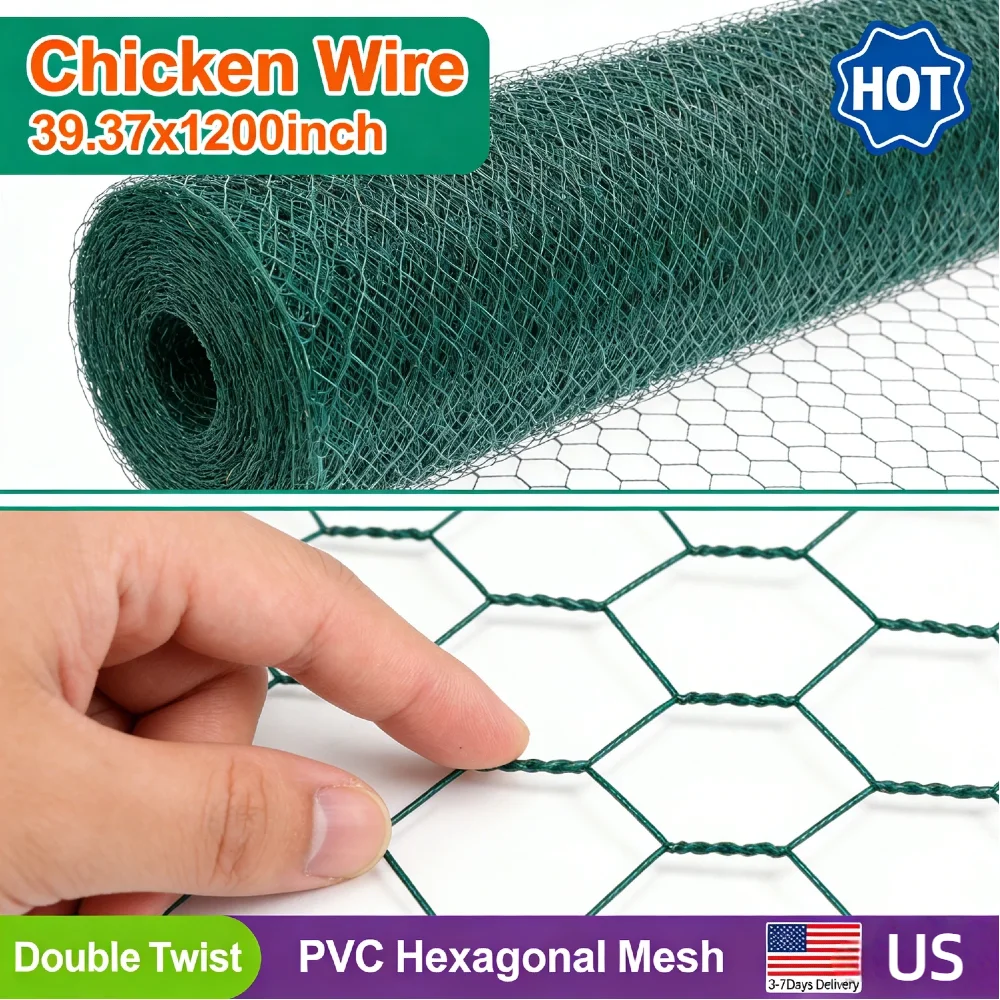 

Hexagonal PVC-Coated Chicken Wire Mesh 39.37x1200in Anti-Rust Galvanized Netting for Pet Poultry Fencing Garden DIY Wedding Flor