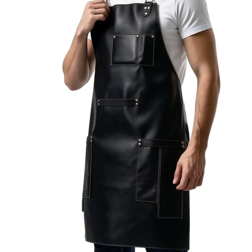 Waterproof PU Leather Apron Oil Resistant BBQ Grill Kitchen Chef=Bib With 3 Pockets For Cooking Baking Salon Stylish Brown Black