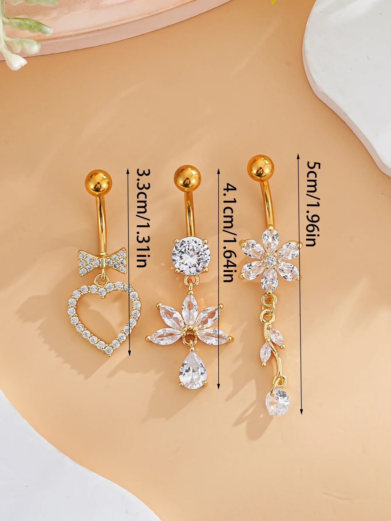 Gemischtes Bauchnabelpiercing-Set mit Blumen- und Herzanhängern, Gebogenes Nombril-Piercing-Schmuckset für Frauen und Mädchen – Detail 19