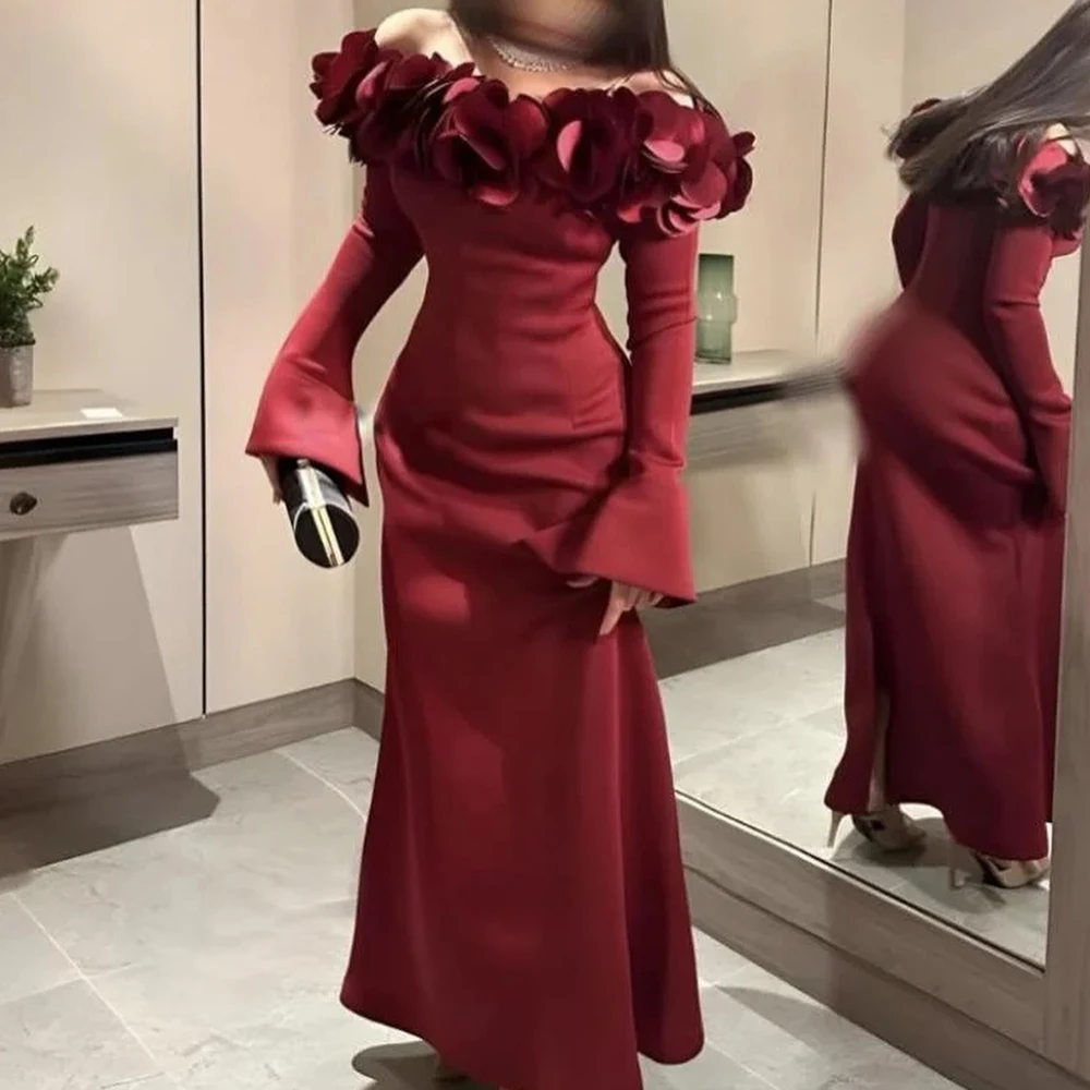 Temperament Jersey Straight Off the Shoulder Ruffles Evening Dress Boat Neck Back Slit Long Sleeves Floor Length Burgundy