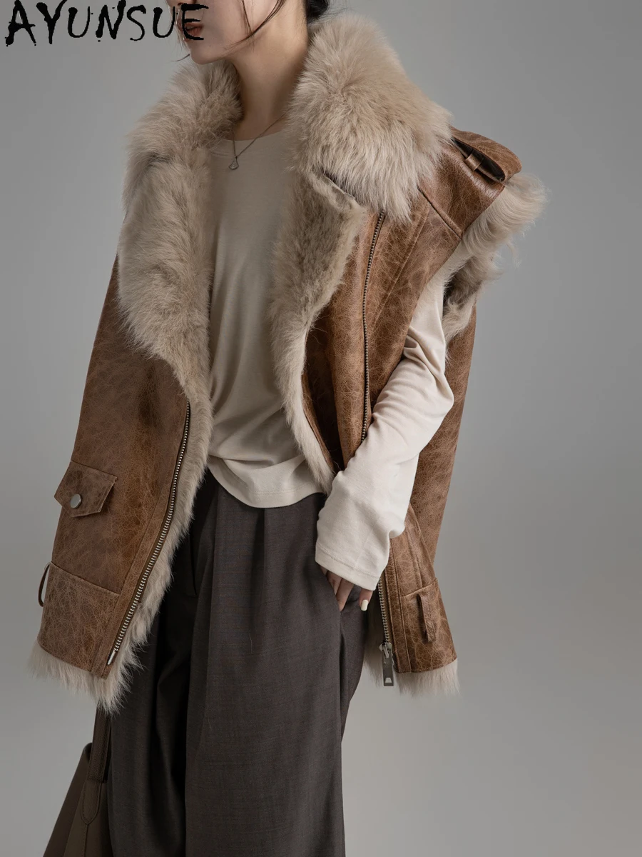 AYUNSUE 天然シープスキン毛皮のベストの女性の本革ノースリーブジャケットミッドレングスの冬の高級服女性 Шуба Женская