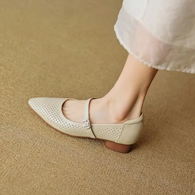 Women Mary Jane Soft Sheepskin Daily Footwear On Thick Heel One Strap Work Pumps Genuine Leather Simple Shoes Cozy Loafers