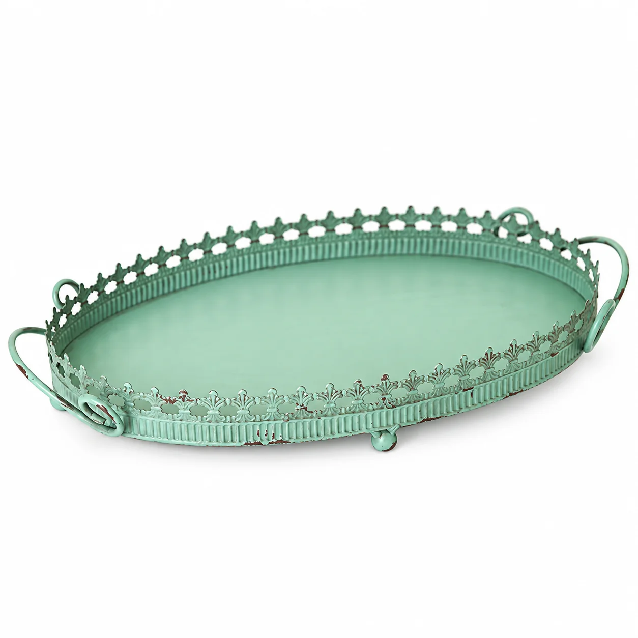 Vintage Green Oval Metal Tray with Decorative Lace Edge, 42.5cm Distressed Iron Serving Tray with Handles