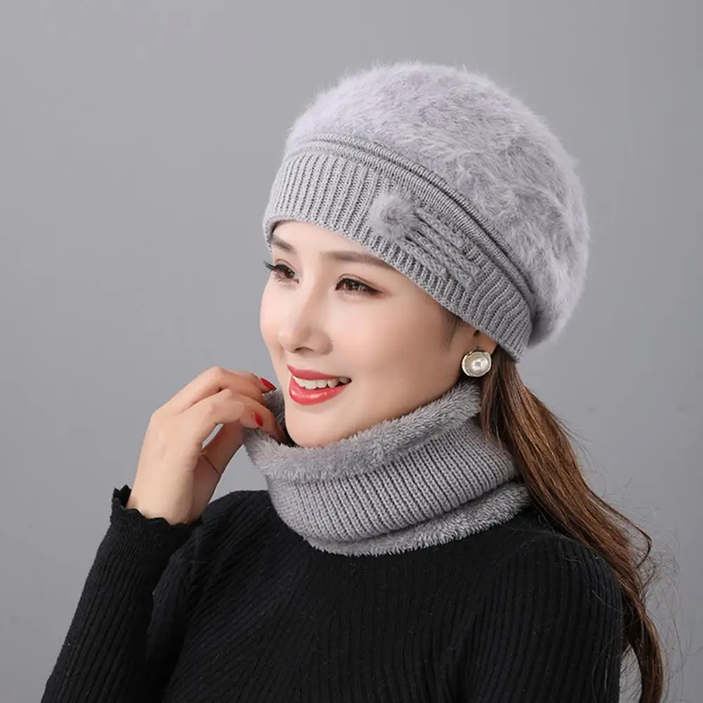 2Pcs/Set Winter Knitted Hat Faux Rabbit Fur Hat Scarf Set Autumn Winter Women Knitted Fleece Lining Beret Cap Neckerchief Set