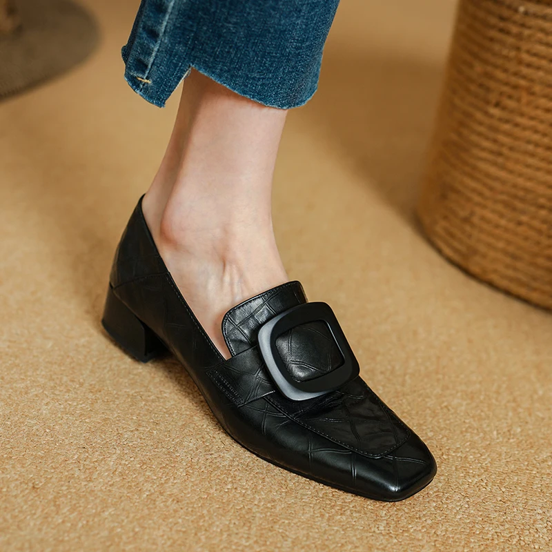 2025 New Size 34-40 Women Casual Loafers Real Leather Soft Square Toe High Heels Shoes Spring Office Lady Daily Pumps Shoes