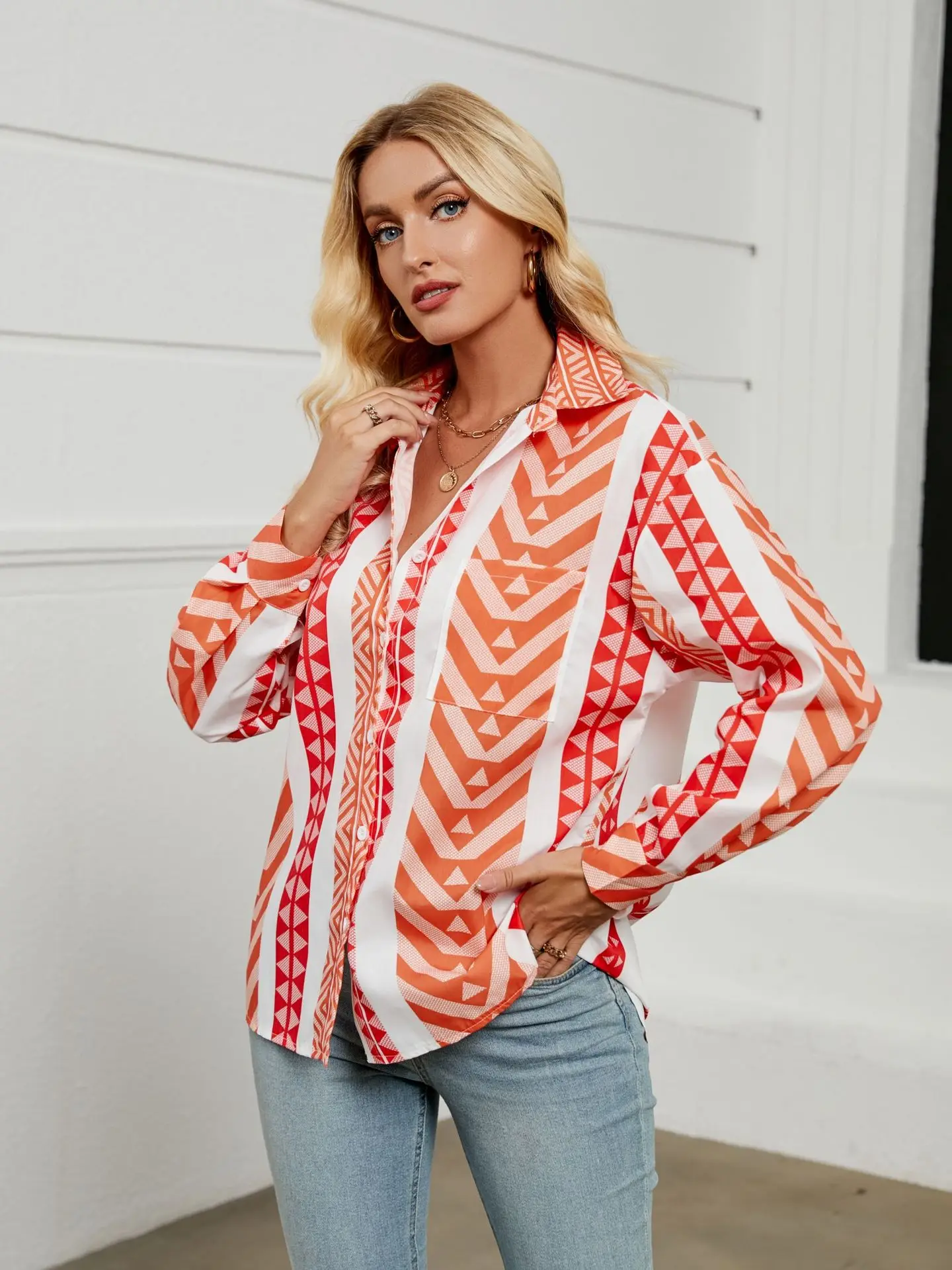 Boho Striped Print Shirt Blouse Women Spring Autumn Trun-down Neck Long Sleeve Shirts For Women Casual Loose Pocket Top Femme