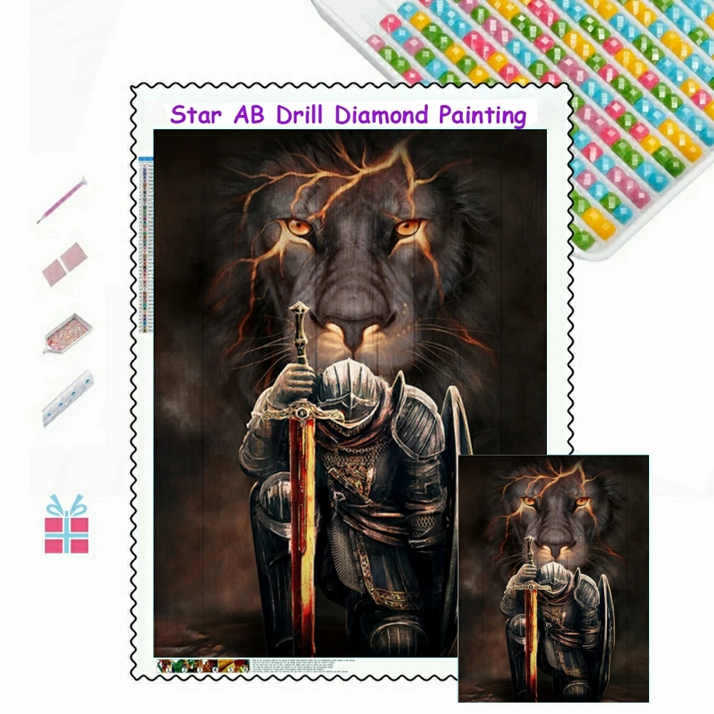 

Easter Day Gifts 5D Diamond Mosaic Art Painting Kit Christian Lion And The Armor Of Faith Diy AB Drill Cross Stitch Home Decor