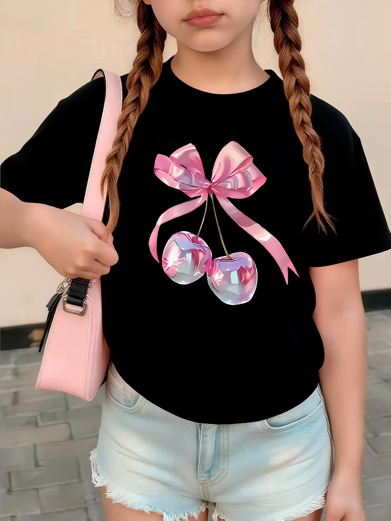 Lustige T-Shirts mit rosa Schleifen-Design, 90er-Jahre-T-Shirt für Kinder, kurzärmelig, für Mädchen, Sommer, Frühling, lässiges Top-T-Shirt
