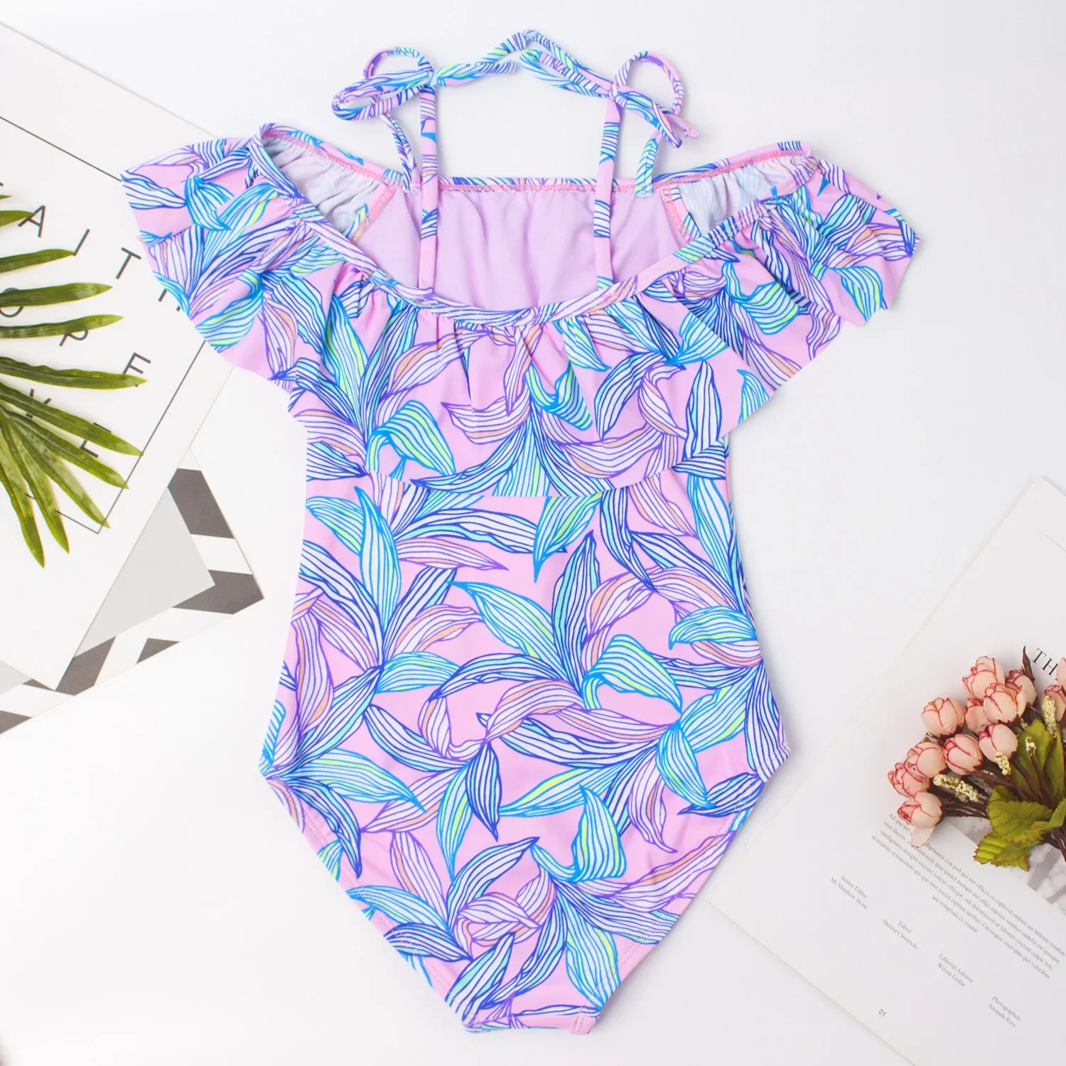 Teenager Girl One Piece Swimsuits for Kids  Leaves Printing Swimwear Children 7-16 Year Off Shoulder Bikini Set Maillot De Bain