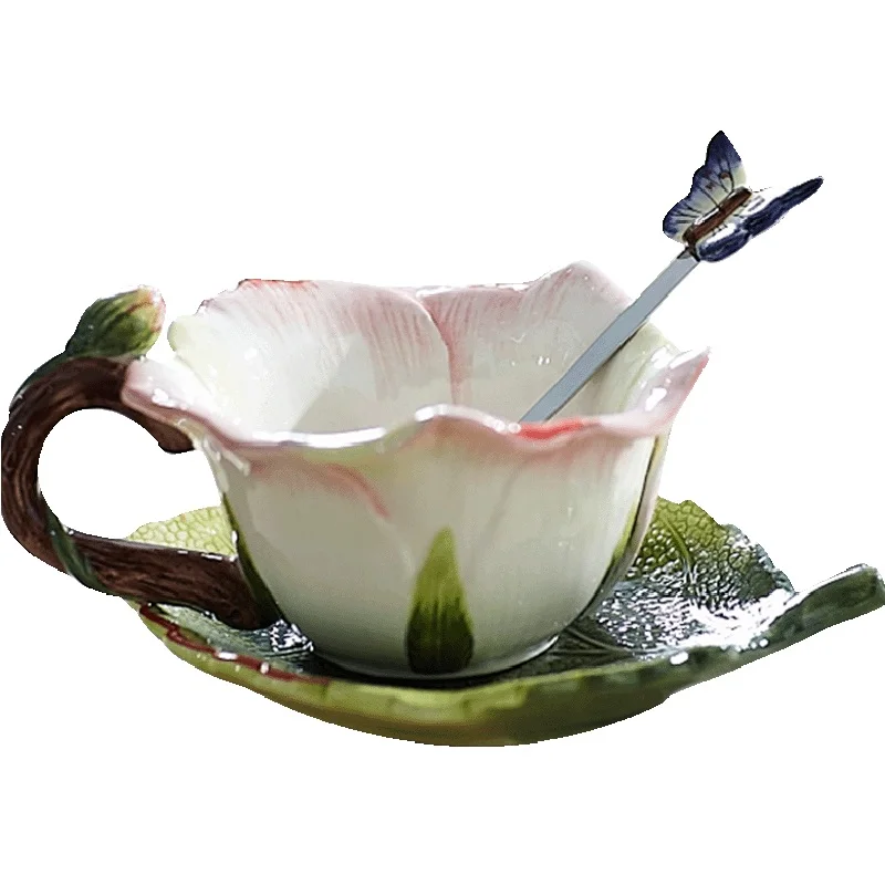 

Pink rose cup ceramic creative tea set coffee flower tea set home European saucer spoon combination