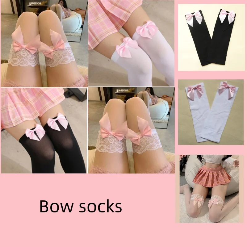 

Модные женские атласные чулки до бедра с бантиками, устойчивые к зацеплению гольфы, длинные носки с бантом в стиле Лолиты, кружевные чулки выше колена