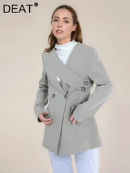 DEAT Fashion Women's Blazer V-neck Deconstruction Side Button Waist Long Sleeve Gray Suit Jackets Spring 2024 New Tide CPDB002