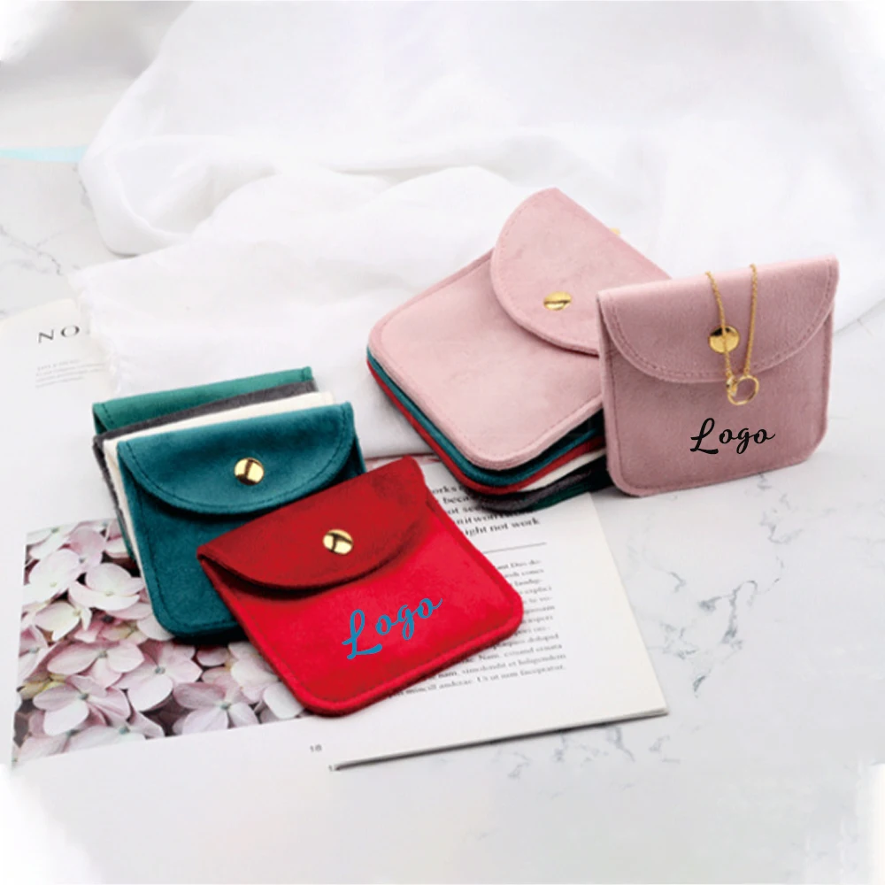 

100Pcs Velvet Jewellery Packaging Pouch Personalization Logo Wedding Party Chic Gift Pouches Snap Button Earrings Bracelet Bag