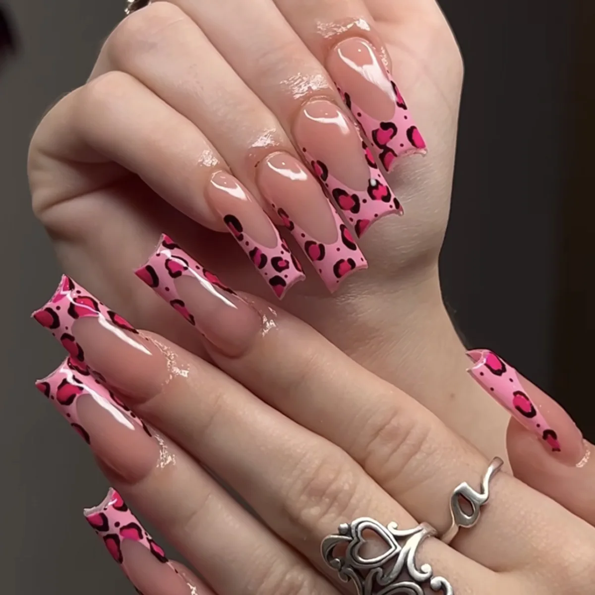 24pcs Long Leopard Print French Press on Nails 3D Pink Fake Nails False Nail Artificial Tips Накладные Ногти Uñas Postizas 네일팁