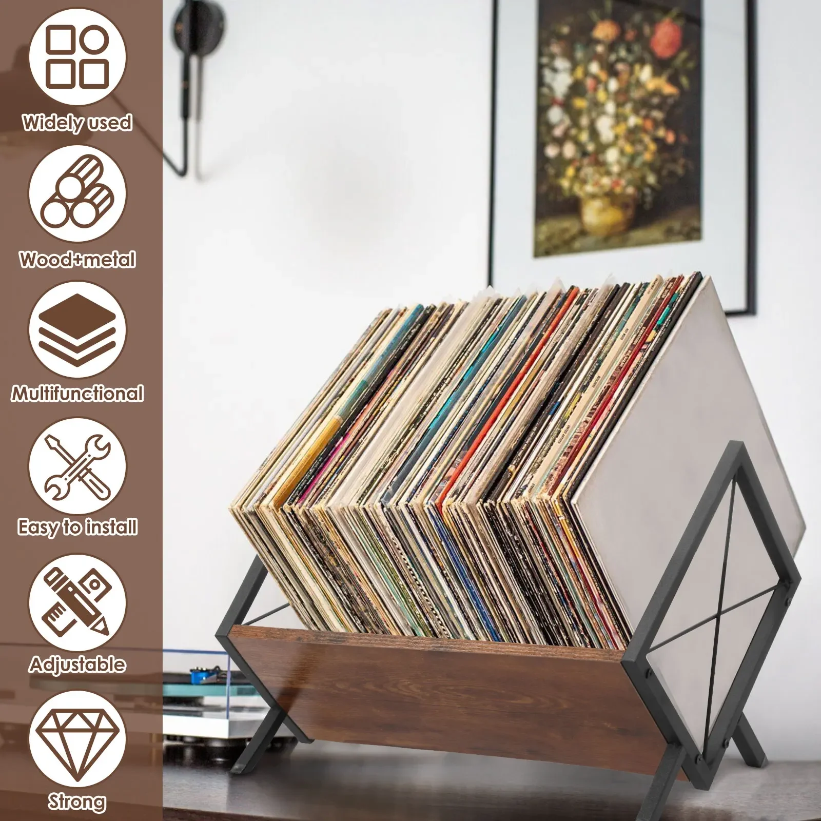 Vinyl Record Storage Rack Wooden Metal Desktop Storage Rack with Adjustable Divider Decorative Vinyl Record Holder Album Stand