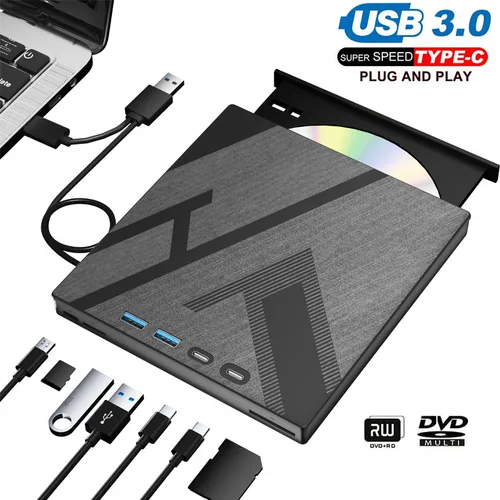 Unidad de CD DVD externa con 4 puertos USB y ranuras para tarjetas TF/SD Unidad de disco de CD/DVD portátil Lector de grabadora Escritor para computadora portátil