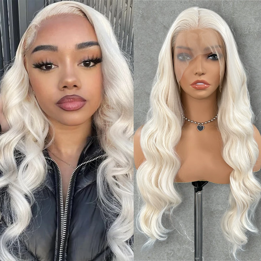 

60 Platinum Blonde Body Wave Lace Synthetic Wig White Blonde Wig Lace Front Wigs for Women Long Body Wave Wig Daily Wear Cosplay