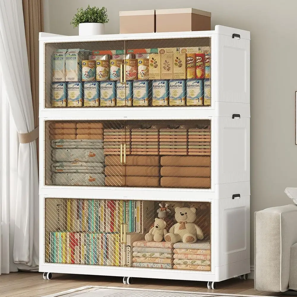 

3 упаковки белых складных контейнеров для хранения на 960 литров с колесиками и крышками для домашнего, офиса, использования на кухне