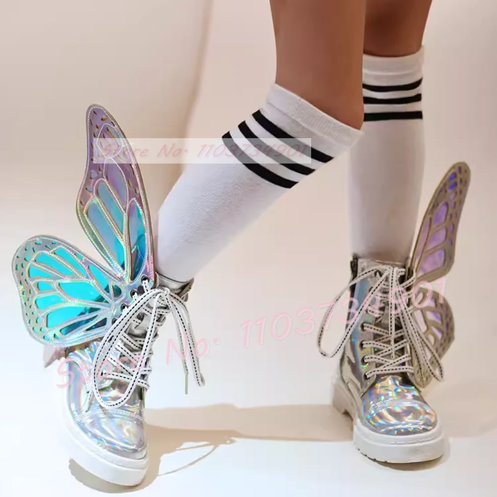 Laser Illusion Silver Butterfly Wings Ankle Boots Women Side Zipper Super Beautiful Ladies Punk Party Thick Sole Glitter Shoes