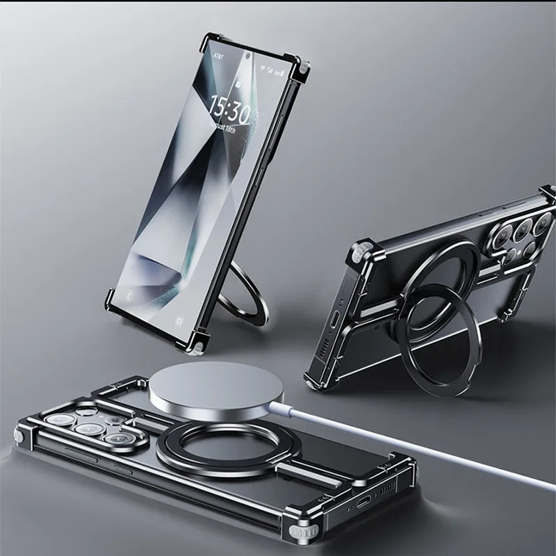 Magnetic Metal Bracket Phone Case For Samsung Galaxy S24 S23 Ultra Aluminum Alloy Frameless Bumper With Finger Ring Phone Cover image 3