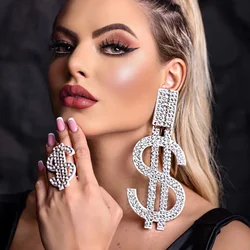Elegant Large Crystal Exaggerated Dollar Earrings Party Accessories Statement Lady Money Rhinestone Dangle Earrings Jewelry Gift