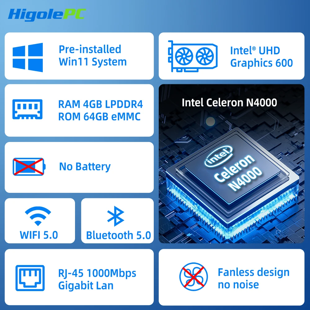 Higole PC Stick Intel N4000 Mini PC Windows 11 WiFi5 4GB 64GB Fanless Desktop PC 4K Mini Computer TV Stick