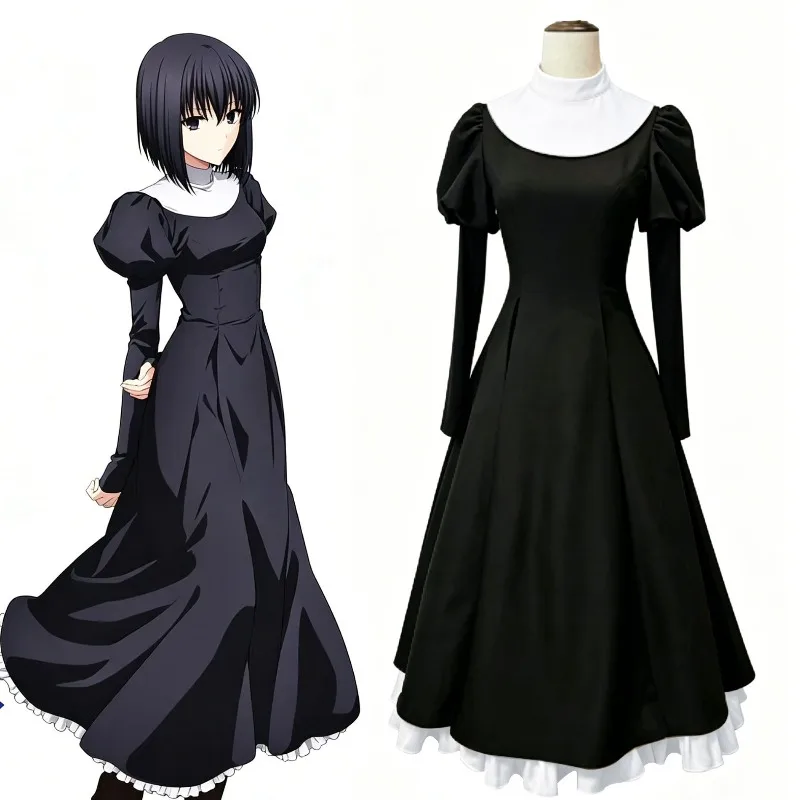 Disfraz de Kuonji Alice FGO, vestido largo gótico negro de Lolita, con volantes, lazo, broche, capa, sombrero para mujer, Halloween