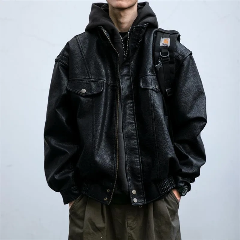 

Harajuku Sle Men's Jaet Windproof Warm Faionable Spring Autumn Leather Coat Youthful Trendy Outerwear Stand Fit