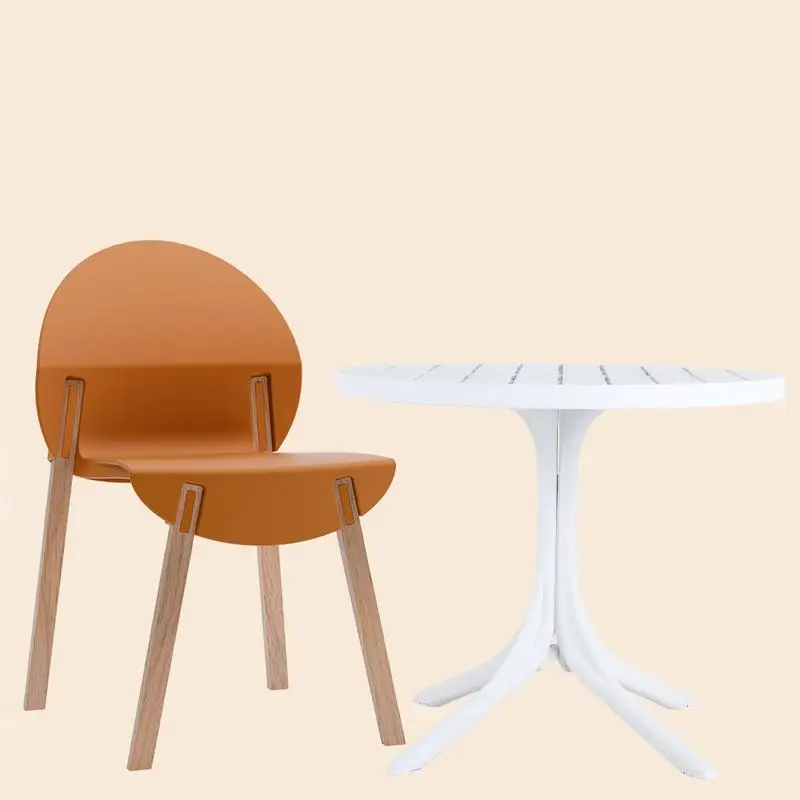 

4-Pack Tropical Orange Chairs with Red Oak Legs & PP Seat, 36-Inch Round Indoor/Outdoor White Table