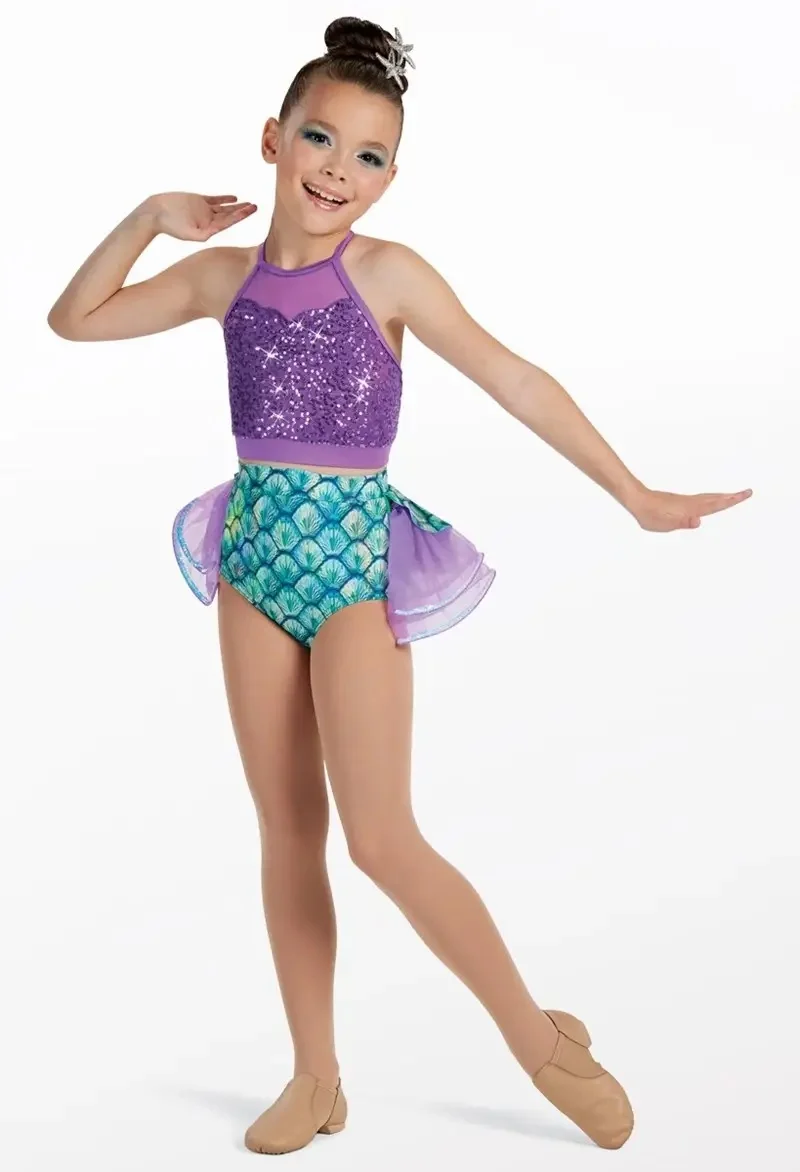 Purple sequin neck strap, shell style pants, fluffy skirt, jazz performance outfit